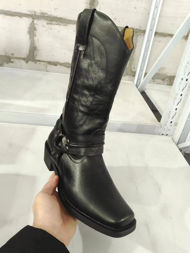 Western Cowboy Boots Black Brown Faux Leather Winter Shoes Retro Men Boots Embroidered Men Mid-calf Boots Size 48 Botas 240724