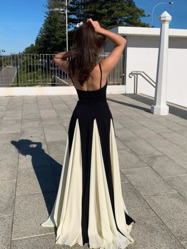 Elegant Black White Contrasting Women Sling Dress Fashion Backless Sleeveless High Waist Maxi Dresses Female Party Aline Robes 240826