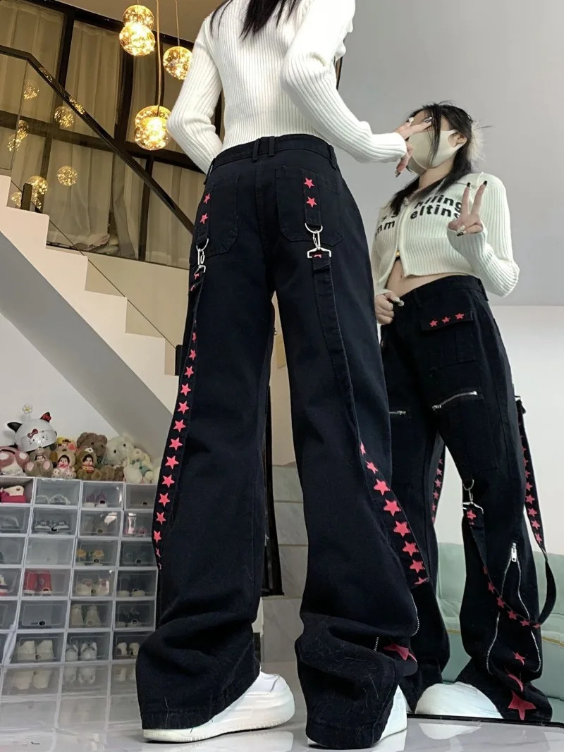 American Black Ribbon Patchwork Hiphop Contrast Color Star Pants Zipper High Waist Preppy Style Vintage Trousers Y2k Wide Leg 240806