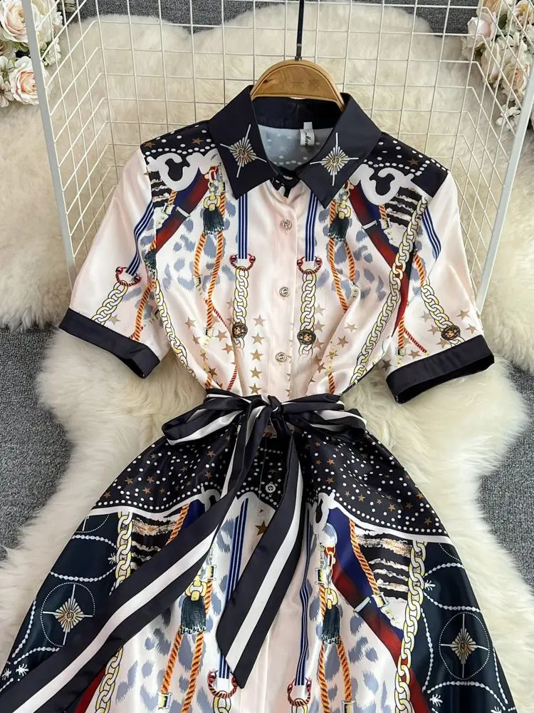 Summer Vintage Short Sleeve Lapel Shirt Dress Womens Star Chain Horse Printed Single Breasted Sashes Lace Up Midi Vestidos240730