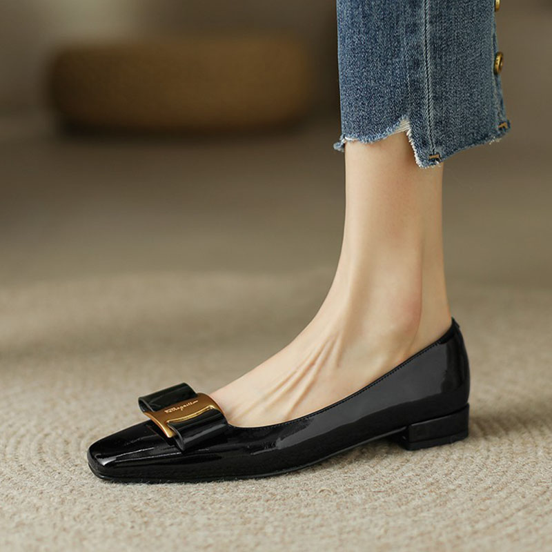 Women Flats Elegantes Dress Shoes Patent Leather Slip on Boat Shoes Square Toe Office Ladies Shoes Bowtie zapatillas Mujer 9919N
