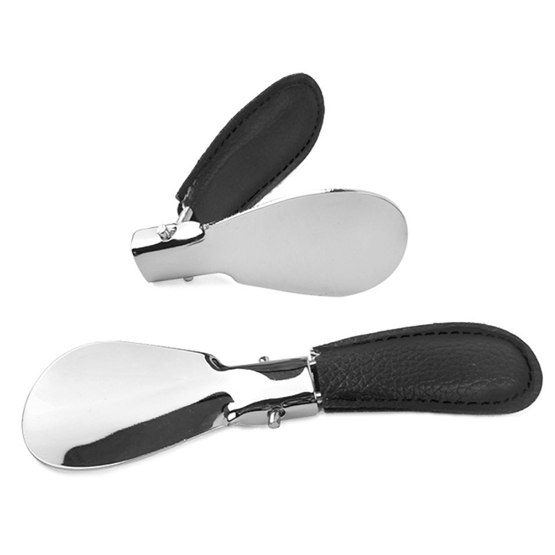 1pc Durable Stainless Steel Folding Shoehorn With Faux Leather Portable Fashion Shoe Horns Accessories
