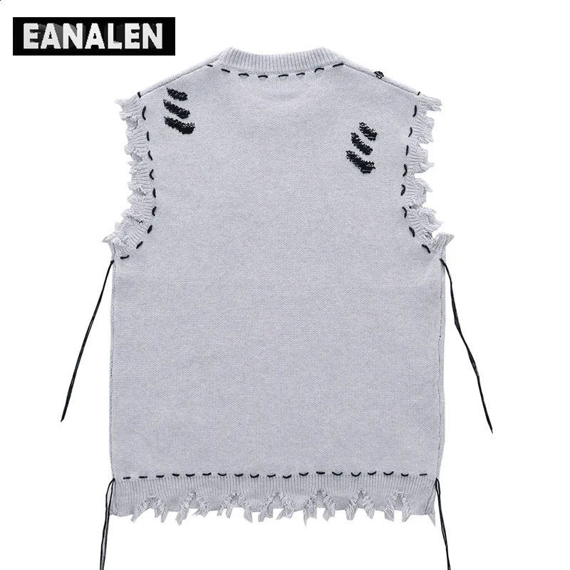 Harajuku Tattered fringed sweet vest womens y2k retro Korean oversized knitted ugly sleeveless mens aesthetic 240809