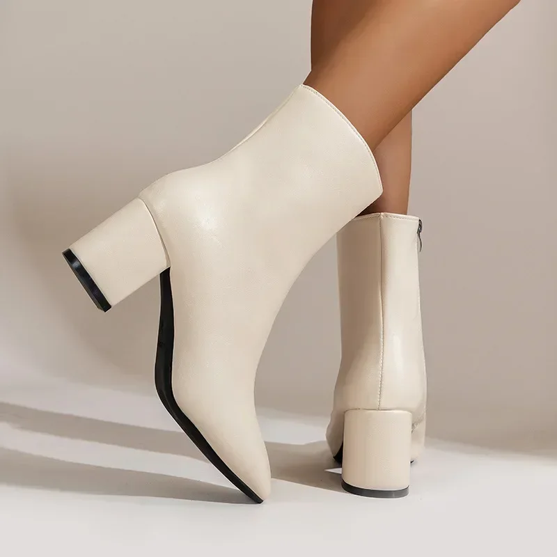 Ankle Boots for Women Side Zipper Stretch Middle Heel Large Size Short Boot Fashion Pointed Shoes Botas De Mujer 2025 67f5