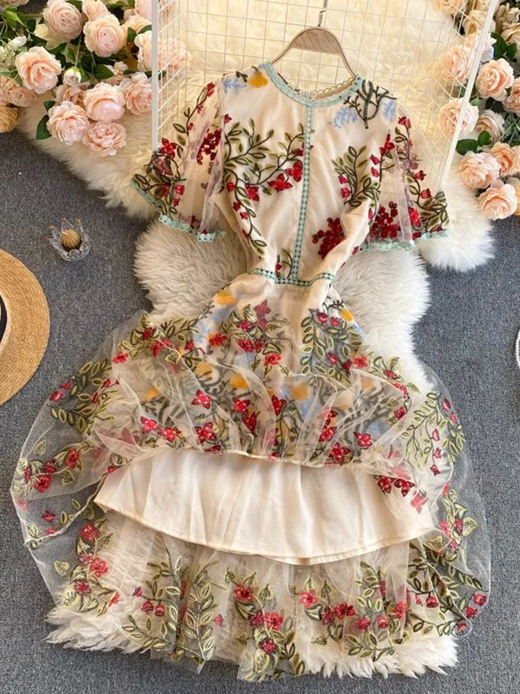 Women Elegant Mesh Lace Embroidered Flower Multicolor Mermaid Dress Short Butterfly Sleeve Ruffles Harajuku Summer Vestidos240730