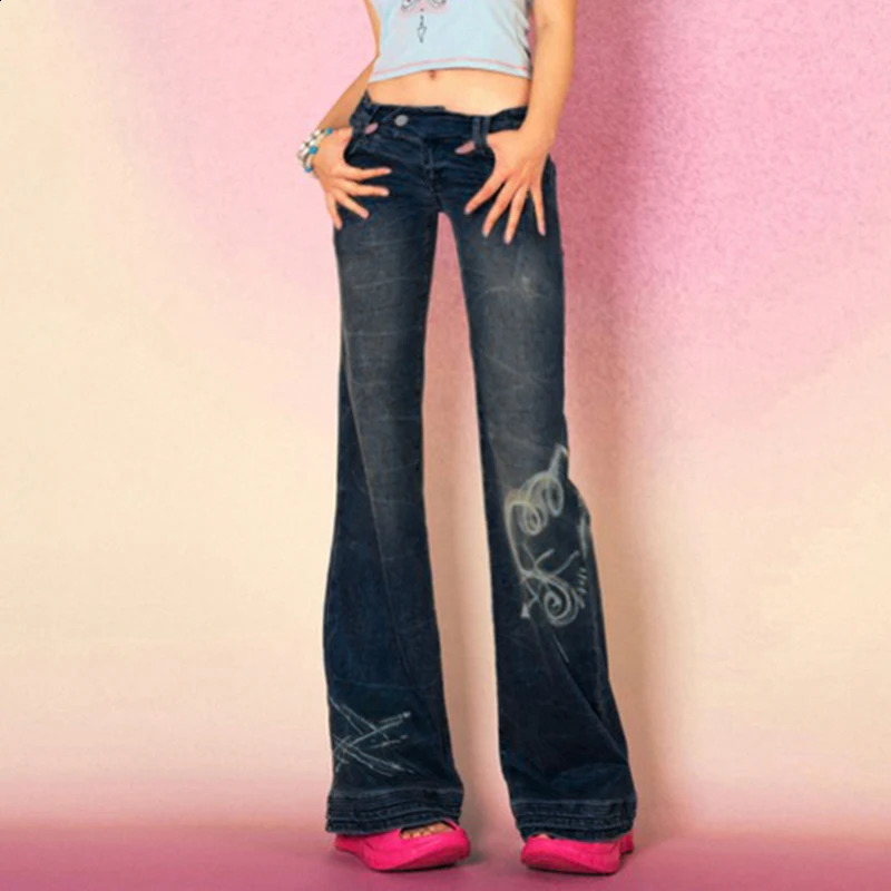 Rockmore Y2K Low Rise Flare Jeans for Woman Streetwear Aesthetic Print Jean Pants Vintage Washed Denim Trouser Grunge Fairycore 240806