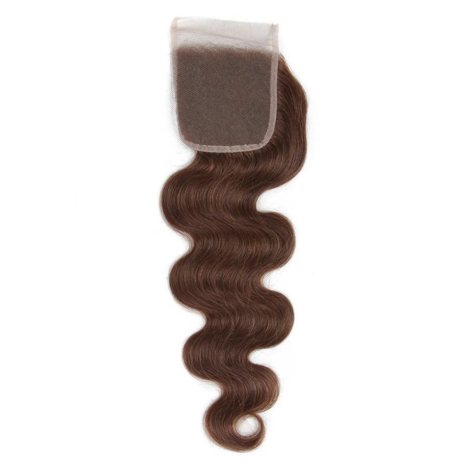 #4 Brown 4X4 Lace Remy Brazilian Human Chocolate Body Wave Closure With Baby Hair Hand Tied Transparent