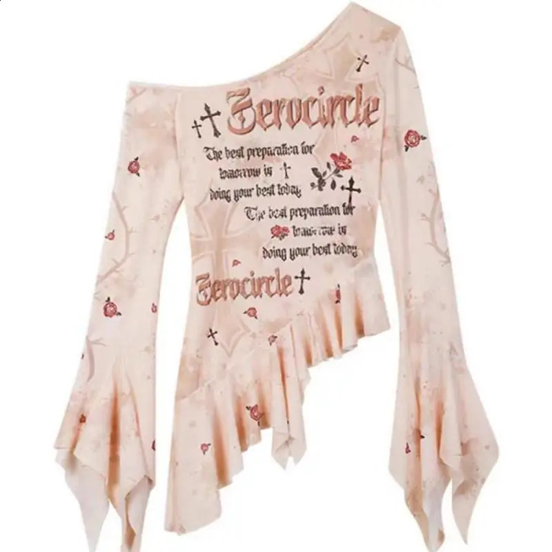 Yedinas Streetwear Flare Sleeve Mesh Tops Long Korean Fashion Off Shoulder Print T Shirt Women Clothes Ladise Y2k 240729