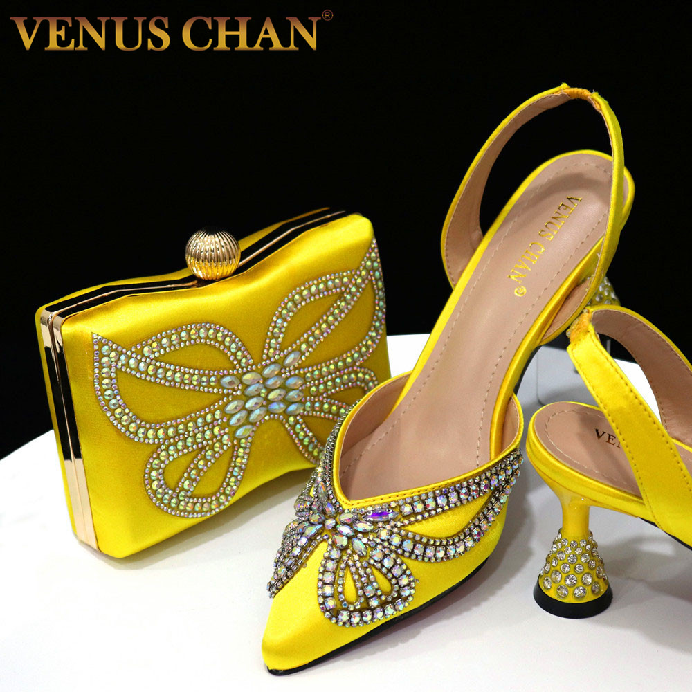 Yellow Bowknot Pointy Toe High Heel Sandals with Matching Bag Set 4