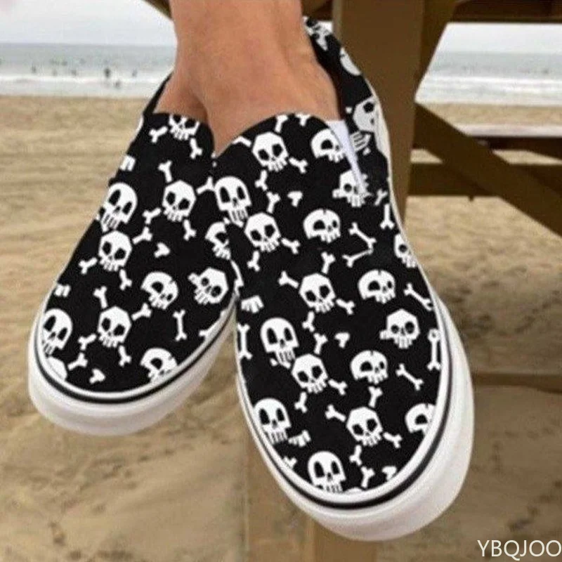 Halloween Pumpkin Size 43 Shoes 2022 Autumn Skeleton Printing Flats Women Shoes Slip-on Lazy Canvas Shoes Loafers Zapatos Mujer