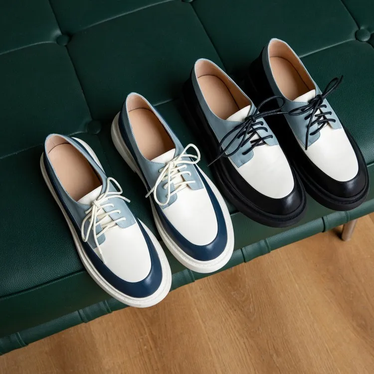 Women's Leather Round Toe Lace Up Platform Shoes, Color Mixed Flats Sneakers 4