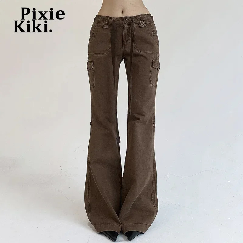 PixieKiki Low Rise Flare Jeans Women Grunge Y2k Cargo Pants 90s Vintage Clothes Black Brown Denim Trousers Streetwear P67-FZ30 240806
