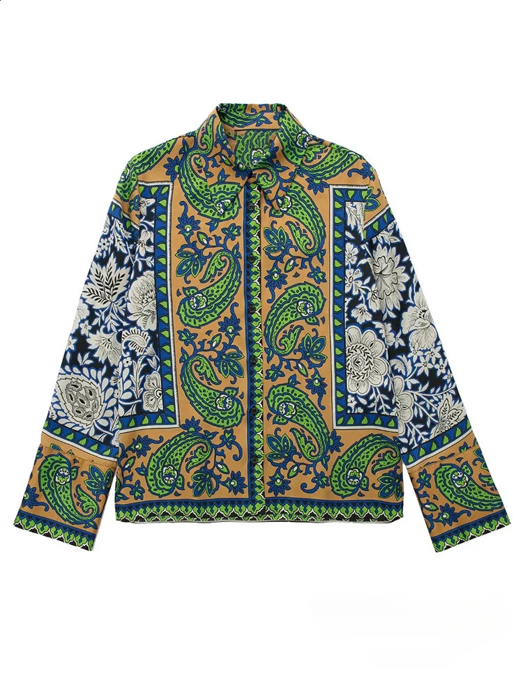 KONDALA Vintage Green Floral Women Suits Long Sleeve Single Button Loose Shirts Women and High Wasit Wide Leg Pants Boho Sets240730