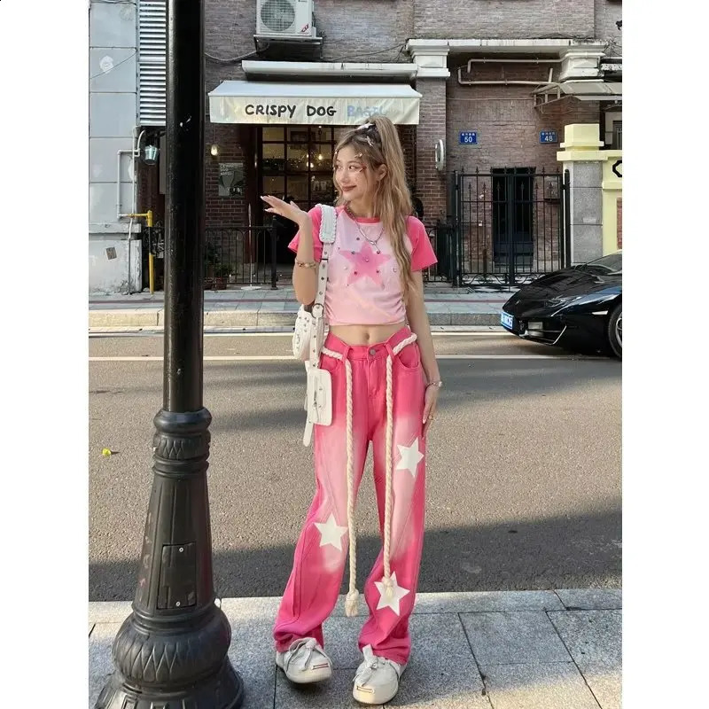 Pink Y2k Baggy Jeans Vintage Drawstring Women American Style Star Printing Womens Streetwear Denim Pants High Waist Trousers 240806