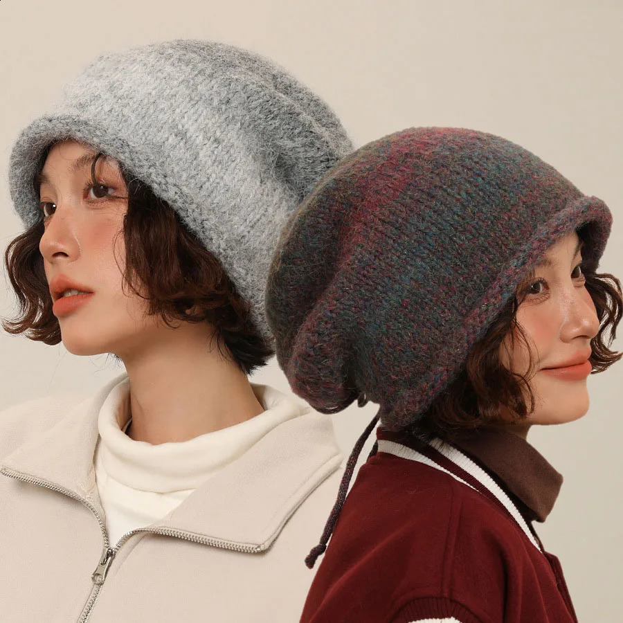 Chic Design Women Beanie Autumn Winter Gradient Drawstring Stacked Hat Female Face Small Knitted Cap Thermal Couple Skullcap 240729