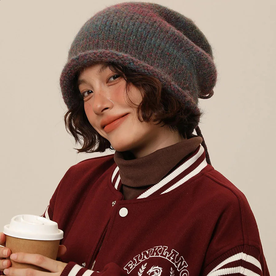 Chic Design Women Beanie Autumn Winter Gradient Drawstring Stacked Hat Female Face Small Knitted Cap Thermal Couple Skullcap 240729