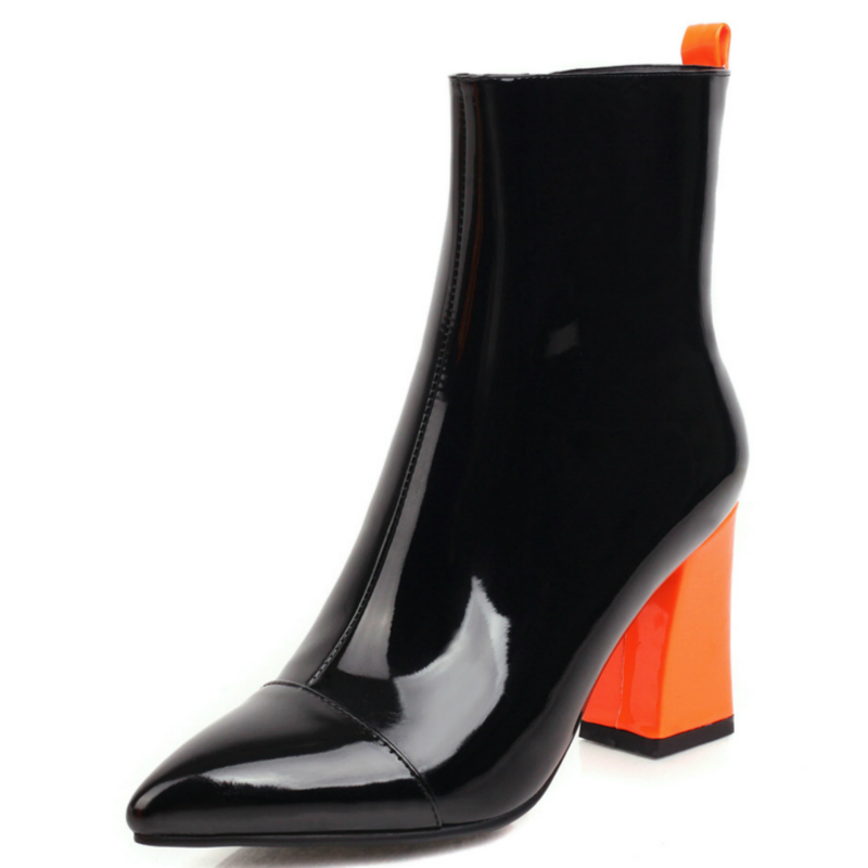 Women's Fashion Ankle Candy Patent Leather Yellow Pink Boots Ladies Waterproof Block Heels Point Party Shoes For Women EU35-42