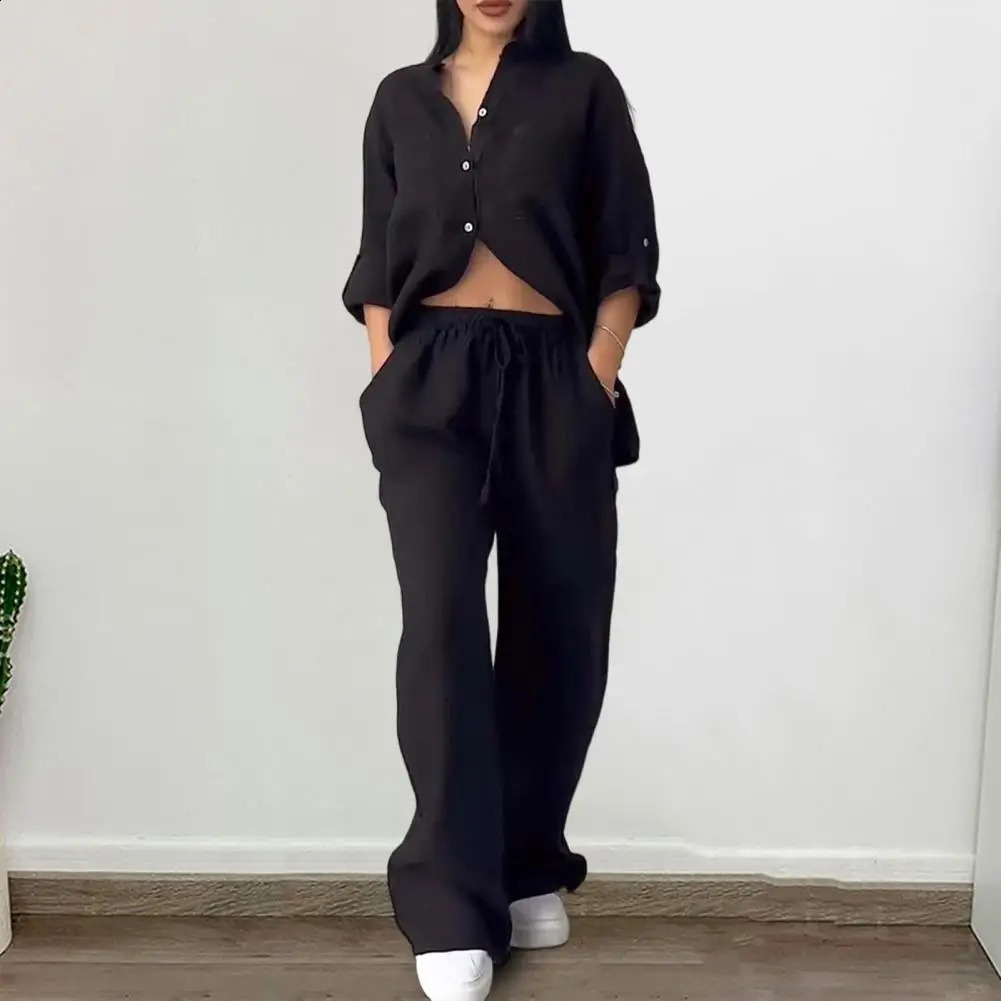 2024 Summer Trend Cotton Linen Shirt Set High Waist Loose Mens Elegant Womens Two Piece 240729