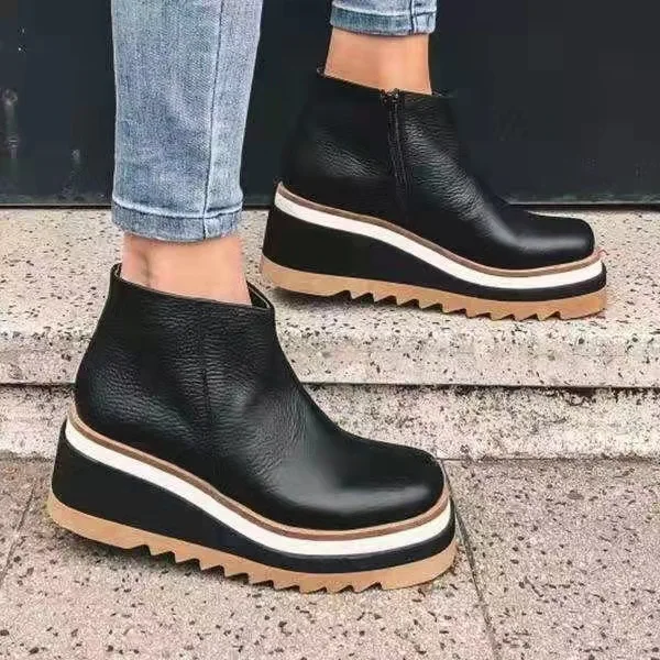 Leather Boots Women Platform Heels Ankle Boots Wedges Casual Fashion 2021 Booties Woman Punk Thick Bottom Shoes Zapatos De Mujer