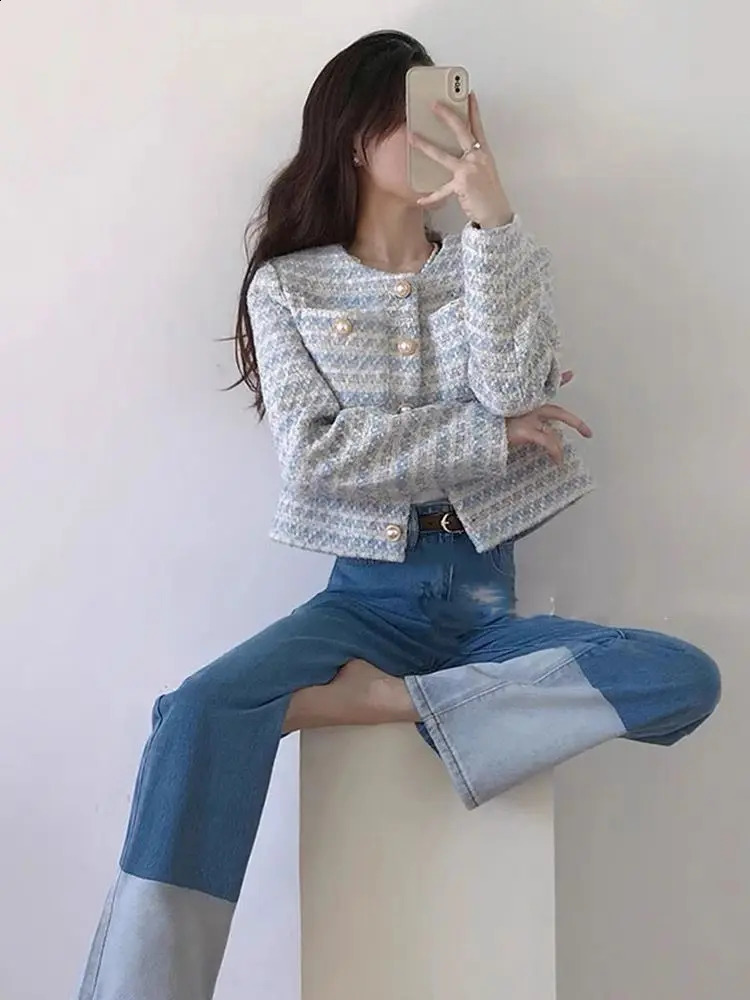 Korean Fashion Women Long Sleeve Tweed Jacket Coat Autumn Winter O-neck Short Coat Casual Outerwear Womens Crop Top 240730