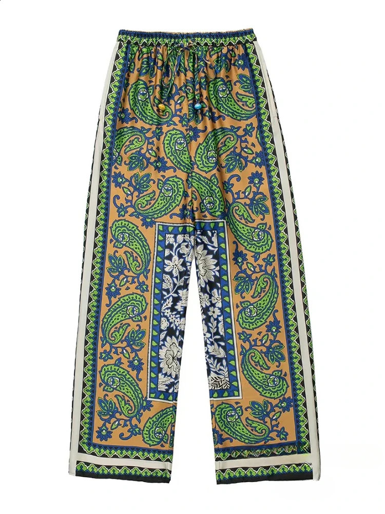 KONDALA Vintage Green Floral Women Suits Long Sleeve Single Button Loose Shirts Women and High Wasit Wide Leg Pants Boho Sets240730