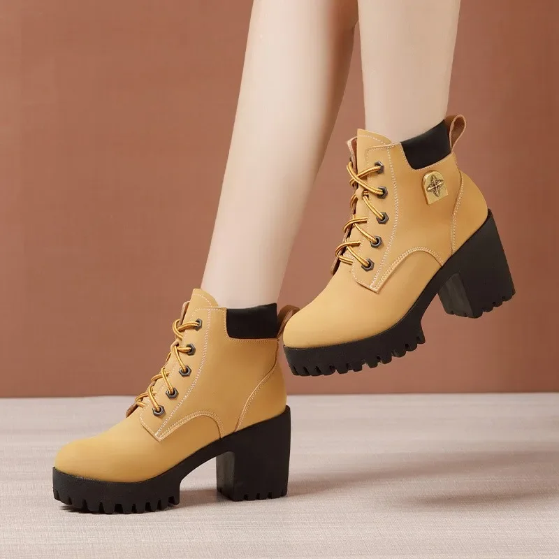 8cm 10cm Small Size 32-43 Thick Bottom Platform Shoes Genuine Leather Boots Winter 2024 Women's Block High Heels ANkle Boots