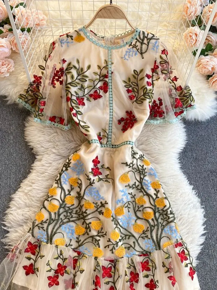Women Elegant Mesh Lace Embroidered Flower Multicolor Mermaid Dress Short Butterfly Sleeve Ruffles Harajuku Summer Vestidos240730