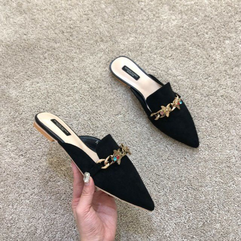 Women's ral Embroidered Metal Chain Mules Slippers Flats Low Heels Slides Summer Shoes Black 2024 4 4fe27