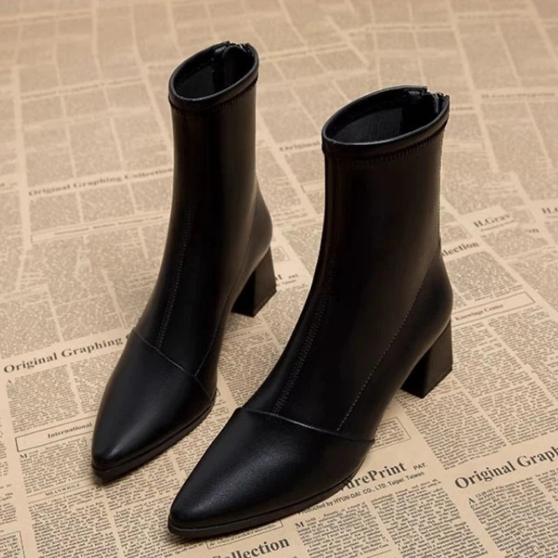 Ankle Boots for Women's Thick Heel Spring Summer Autumn Single Boots 2023 New Pointed High Heels Shoes Mid-heel Fashion