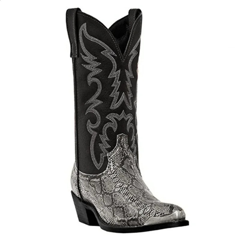 Snake pattern denim boots mens handmade mid calf mens boots retro Pointed top Western style boots Plus size 38-48 unisex shoes Botas 241223