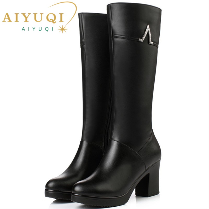 AIYUQI New Winter Genuine Leather Boots Women Shoes High Heeled Mid Calf Women Long Boots Warm Snow Boots Lady Fashion Shoes