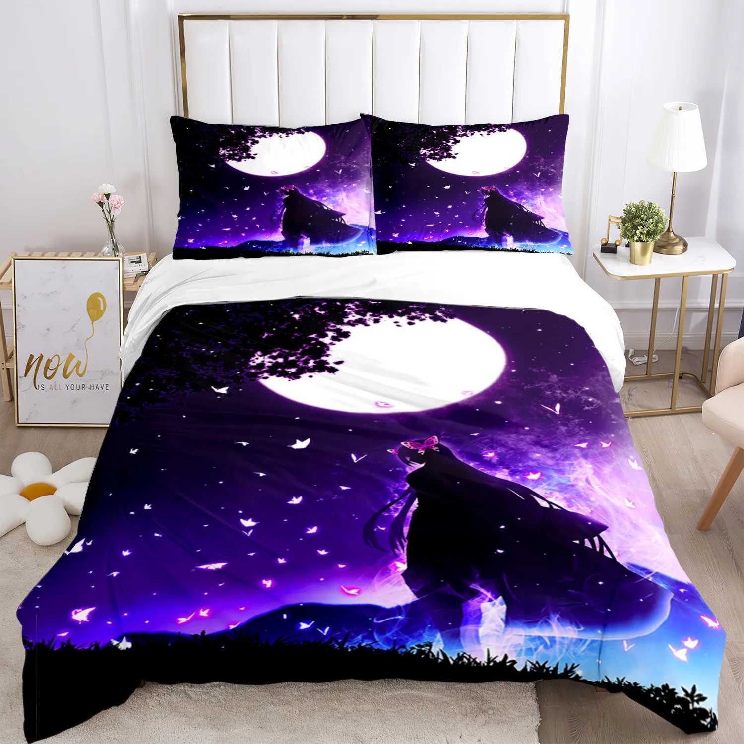 Anime Demon Slayer Print Bedding Set 2/3pieces Nezuko Bed Linen Queen Double Single King Size Duvet Cover Set Kids Adults Gift Y240730