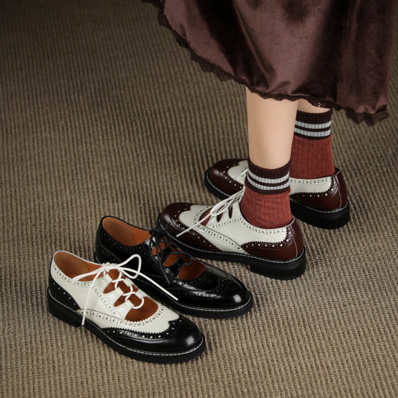 Split Oxford leather for Spring/Autumn Loafers Summer Brogues Vintage Lace-up Shoes Women Pumps d979
