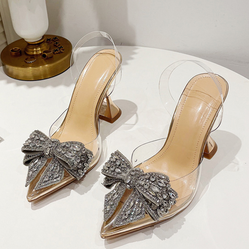 Women's Sequined Bowknot Pointed Toe High Heel Sandals - PVC Transparent 4 c7353