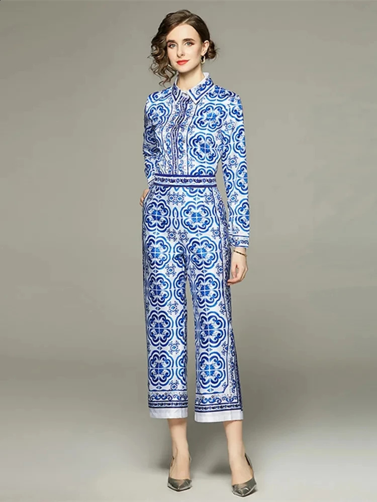 Spring Summer Blue And White Porcelain Flower Print Satin Suit Womens Long Sleeve Shirt Top Ankle Wide Leg Pants Set Outfits240730