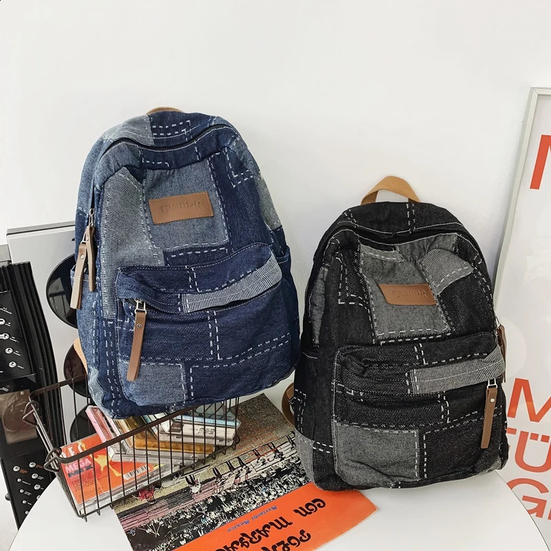 Trendy Cool Patch Women Backpack Washed Denim College Backpack Men Female Laptop School Bags Large Capacity Travel Shoulder Bag 240730