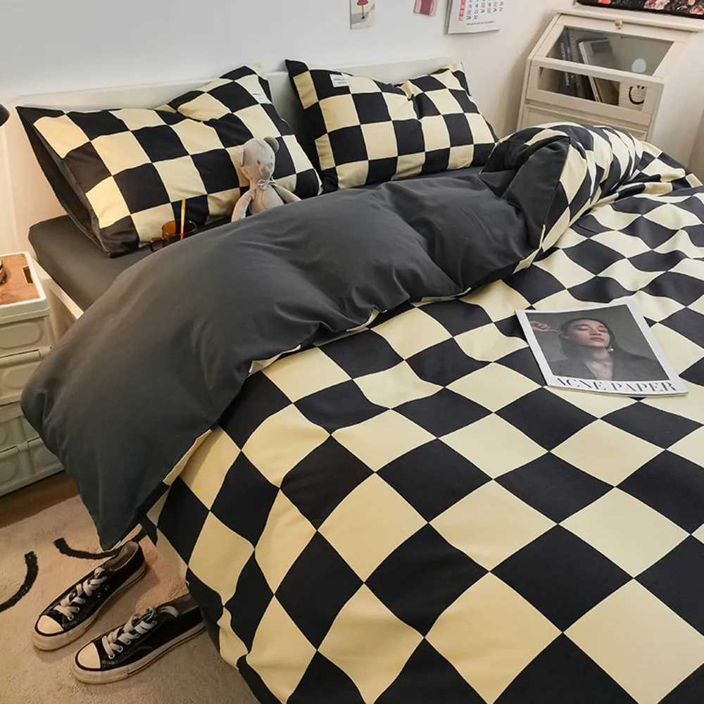 Japanese Plaid Washed Cotton Bed Set Of Four Pieces Without Printed Style Student Dormitory Bed Sheets Quilts Bed Sheets And Y240730