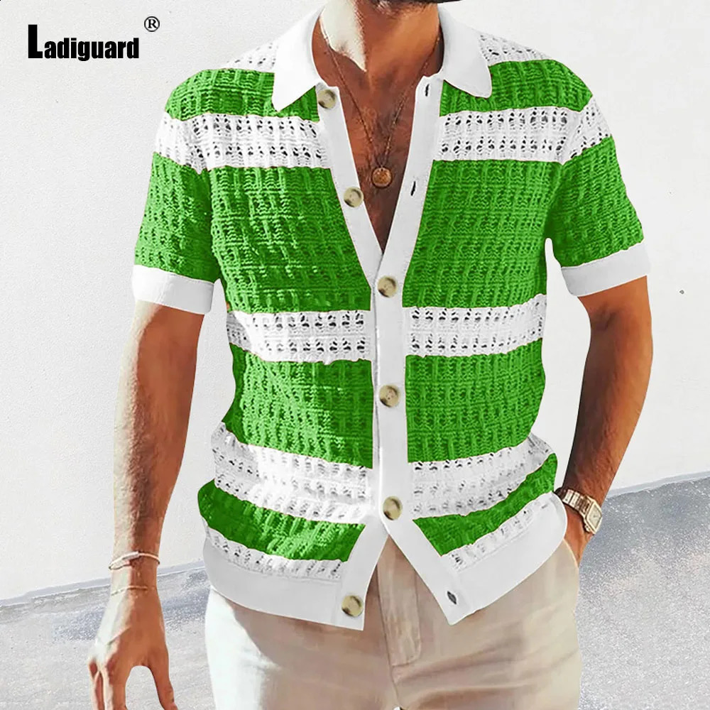 Ladiguard Plus size mens short sleeved knitted sweater summer cardigan American European fashion striped top beachwear 240812