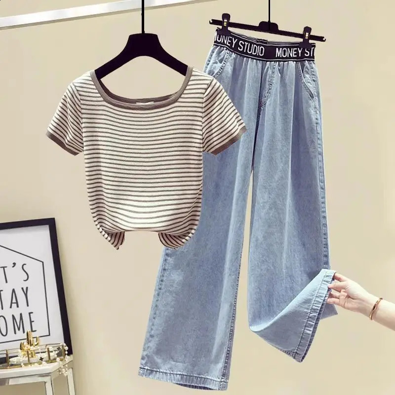 SpringSummer Set Womens Western Style Age Reducing Casual Tshirt Denim Wide Leg Pants Two Piece 240729