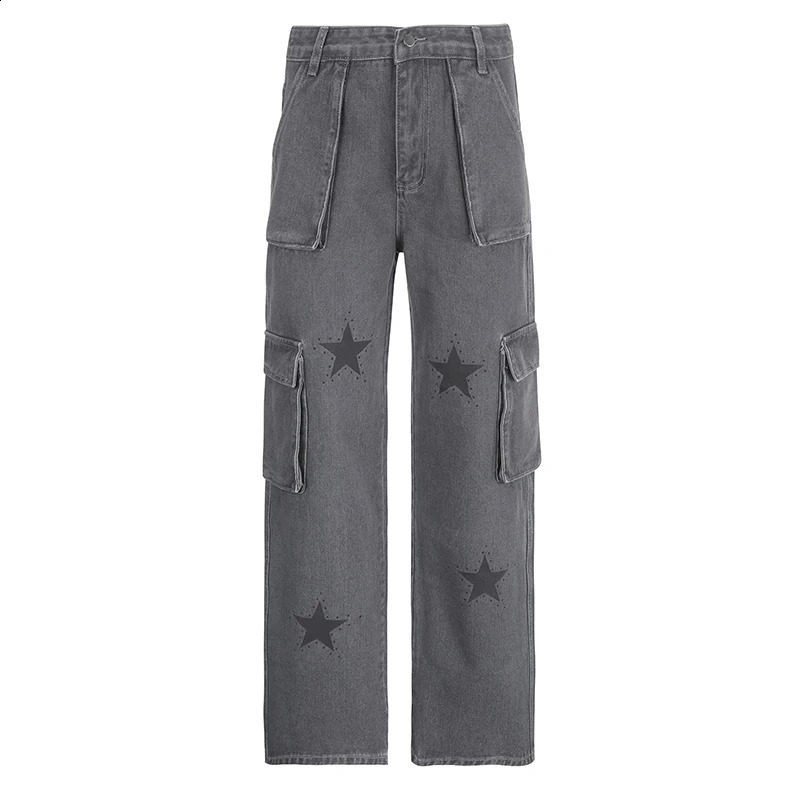 SUCHCUTE Y2K Streetwear Pockets Up Cargo Jeans Gray Star Print Low Rise Gothic Straight Pants Denim Grunge Baggy Pant Vintage 240806