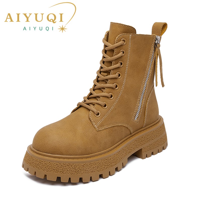 Ankle AIYUQI Fur 2024 New Large Size British Style Boots Genuine Leather Platform Non Slip Booties Women beb7