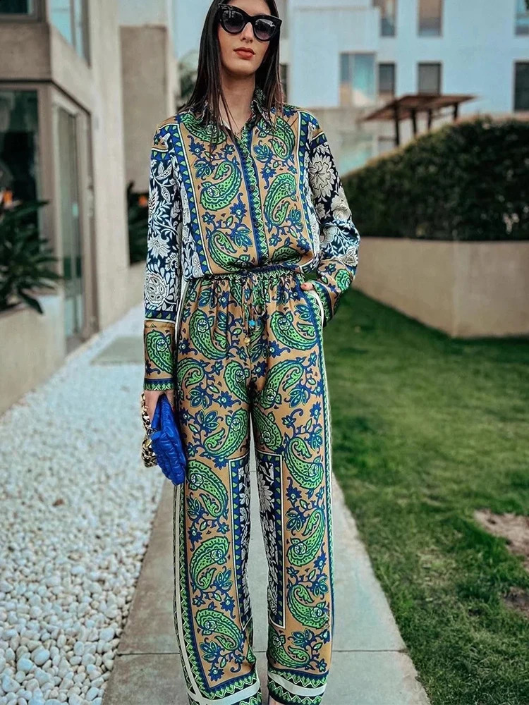 KONDALA Vintage Green Floral Women Suits Long Sleeve Single Button Loose Shirts Women and High Wasit Wide Leg Pants Boho Sets240730