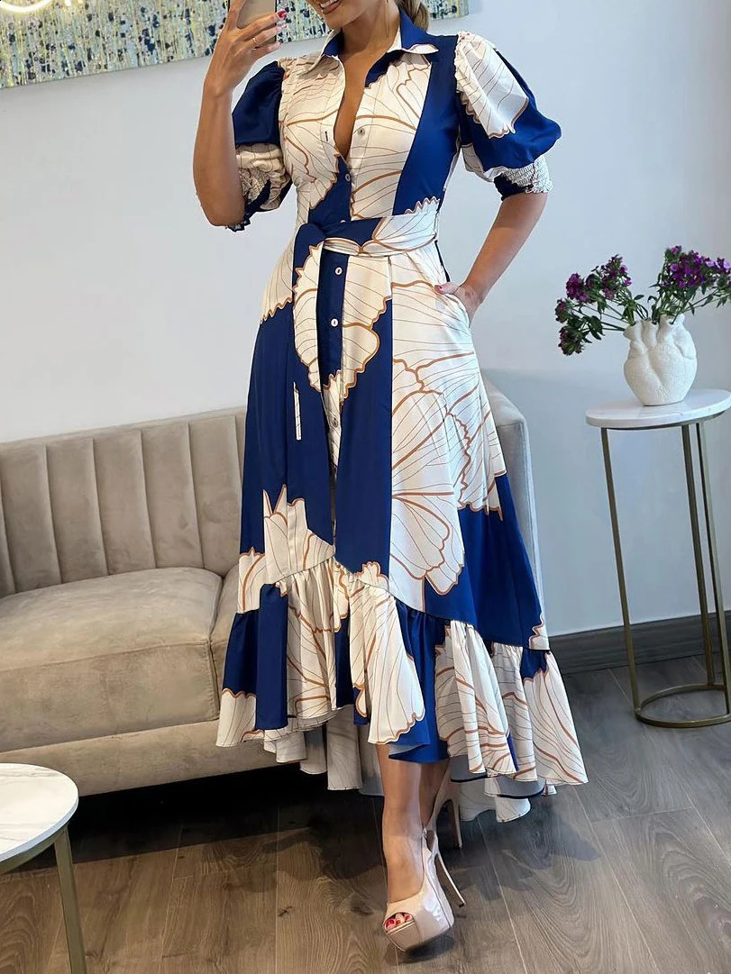 Women Floral Print Long Dress Summer Casual Turn-down Collar Half Sleeve Loose Big Swing Dress Female Vintage Beach Maxi Dress240730
