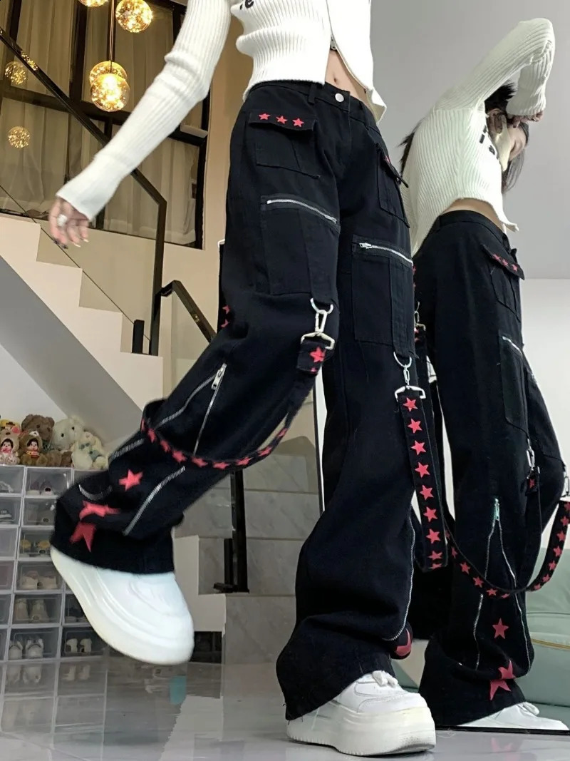 American Black Ribbon Patchwork Hiphop Contrast Color Star Pants Zipper High Waist Preppy Style Vintage Trousers Y2k Wide Leg 240806