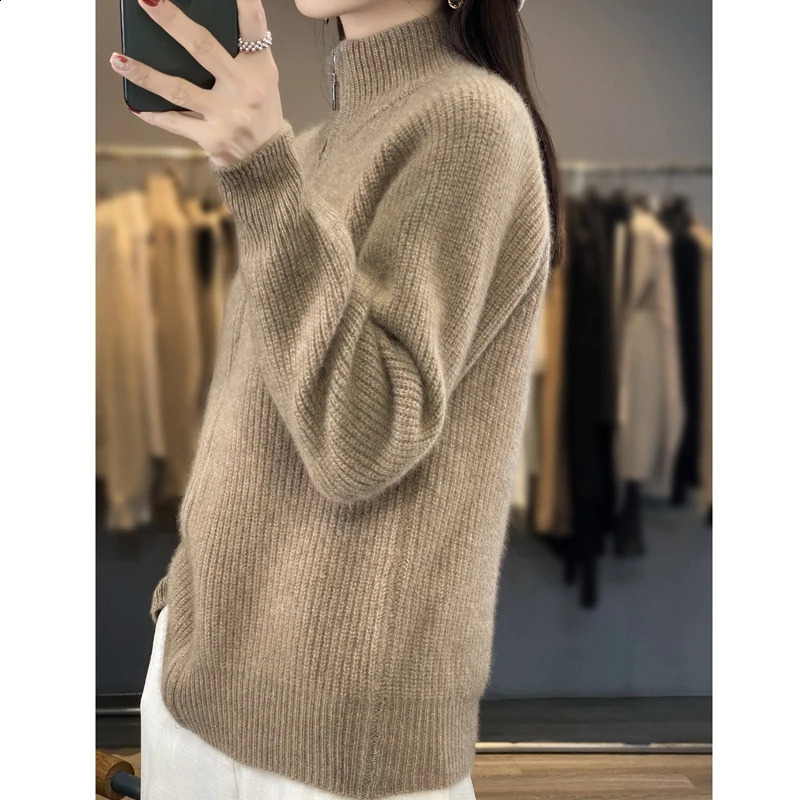 Autumn and winter fashion solid zipper turtle neck sweater womens wool cardigan long sleeved top 240821