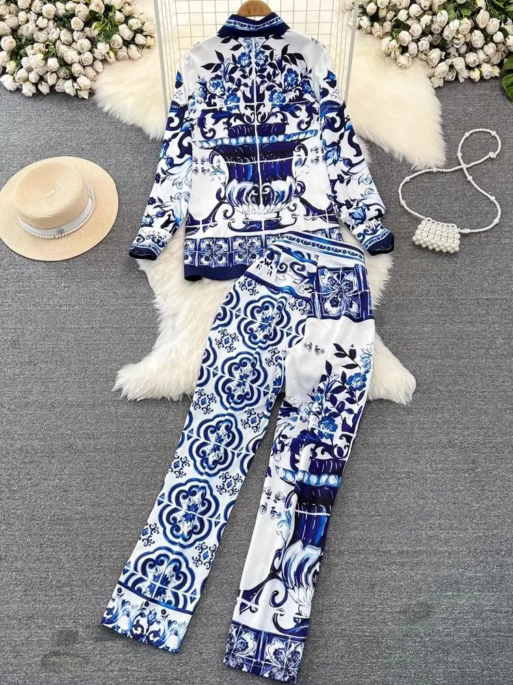 Autumn Blue And White Porcelain Flower Print Two Piece Set Womens Long Sleeve Shirt TopPocket Pencil Satin Pant Suit Outfits240730