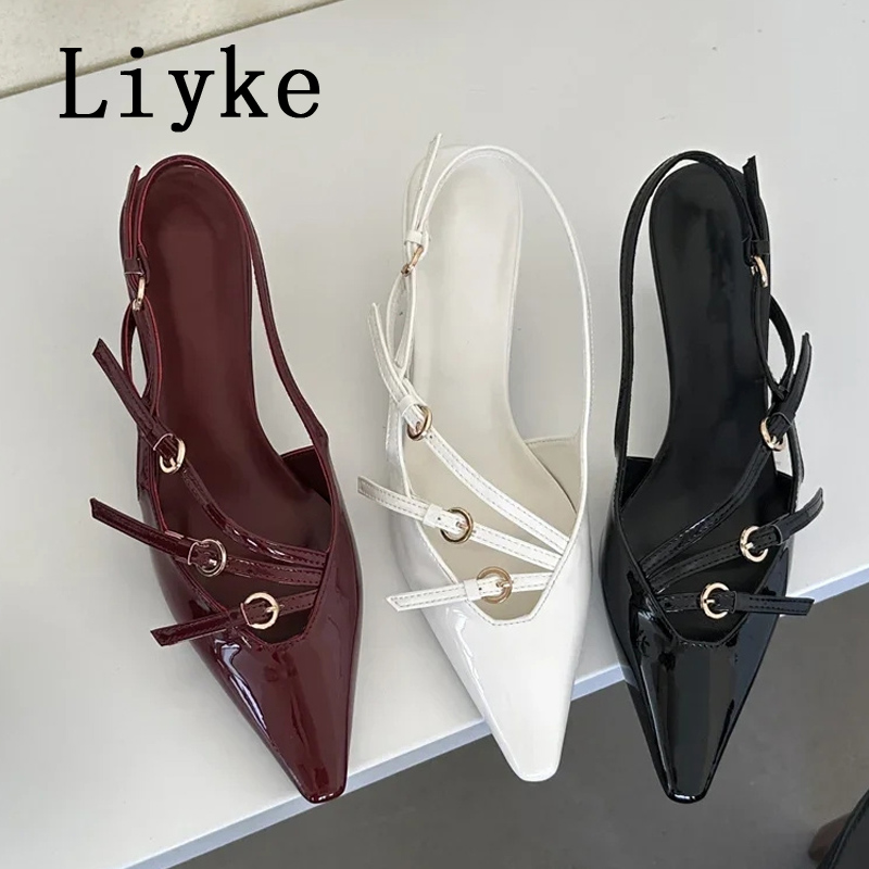 Liyke Sexy Slingbacks Narrow Band Buckle Strap Pumps Women Pointed Toe Low Thin Heels Wedding Party Mules Shoes Female Sandals
