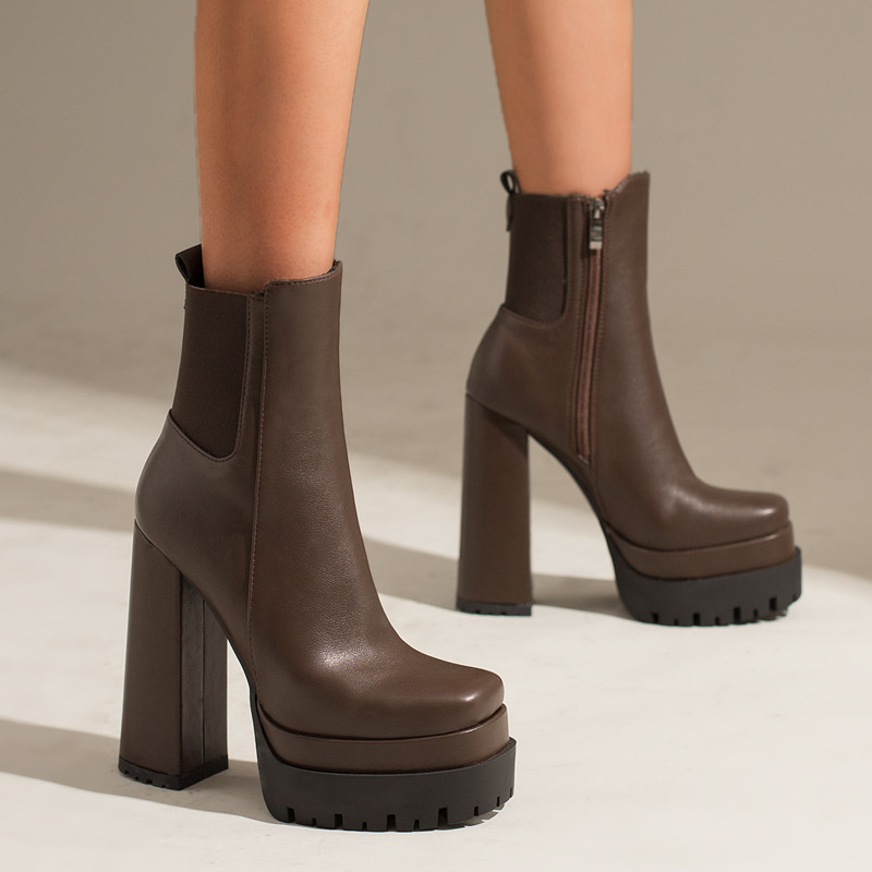 Leather INS Women Ankle Platform High Black White Short Boots Winter Gothic Punk Heels Party Shoes Ladies Large Size b9fe