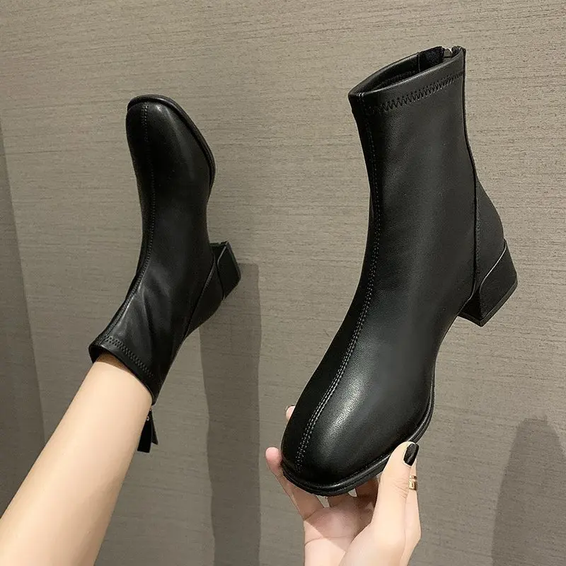 Elastic Soc Fashion Ankle High Thic Heel Square Toe Short Boots Women Retro Ladies Shoes 2023 95b9