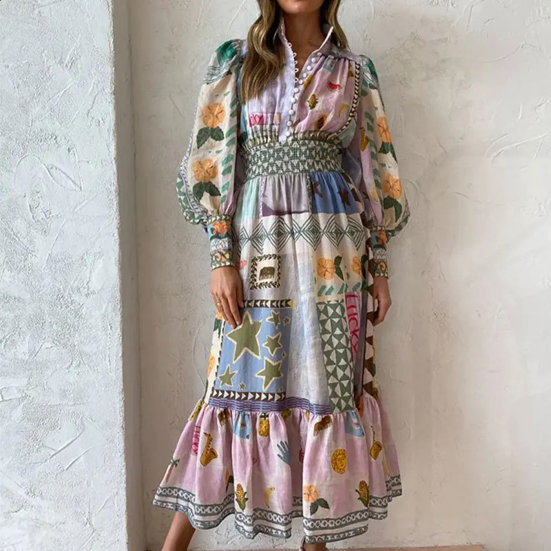 Vintage Printed Patchwork Hollow Out Womens Maxi Dress Fashion V Neck Puff Sleeved Long Dresses Female Highstreet Vestidos240730